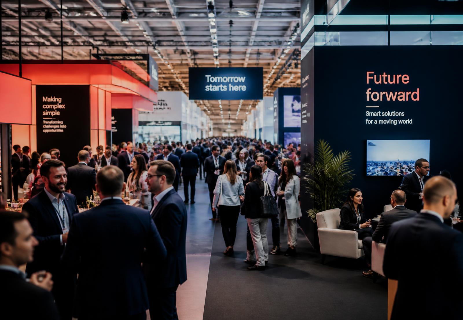 Busy business expo hall with exhibition stands and people networking